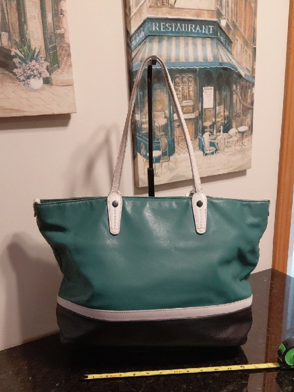Bally Teal, Black and White Colorblock Leather Tote - Picture 3 of 16